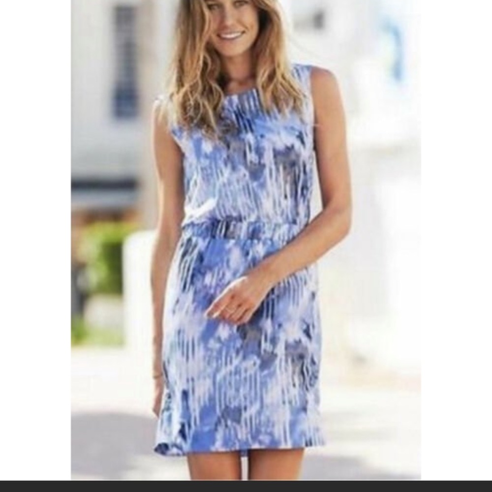 ATHLETA Women's Sleeveless Dress Gathered Waist WAILEA ASTRA Blue White 10